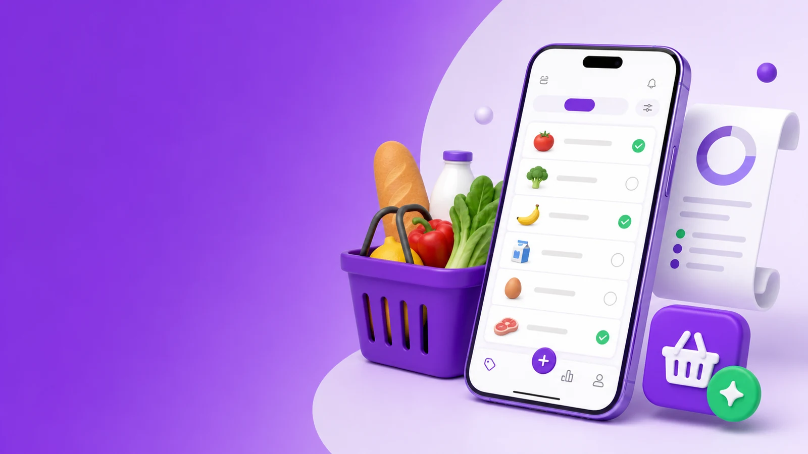 Ilustración editorial de Gastify sobre Listas inteligentes de compras con la app organizada.
