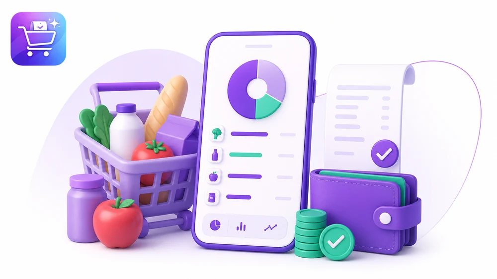 Ilustración editorial de Gastify sobre Control de gastos de supermercado con la app organizada.