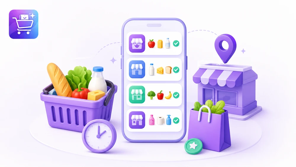 Ilustración editorial de Gastify sobre Agrupar lista de compras por tienda con la app organizada.
