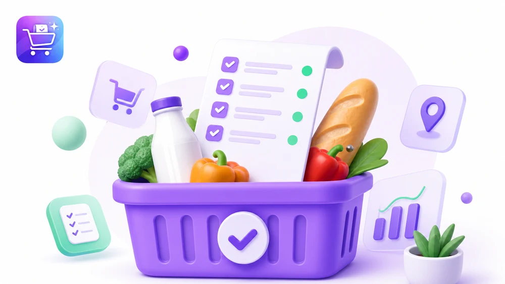 Ilustración editorial de Gastify sobre Listas inteligentes de compras con la app organizada.