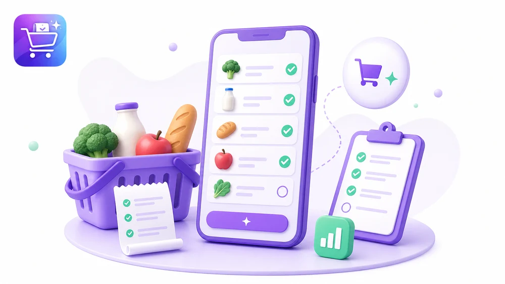 Ilustración editorial de Gastify sobre Planificar lista de compras inteligente con la app organizada.