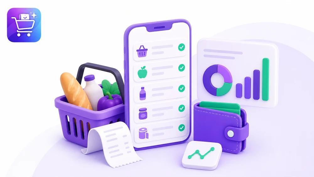 Ilustración editorial de Gastify sobre Seguimiento de compras reales con la app organizada.