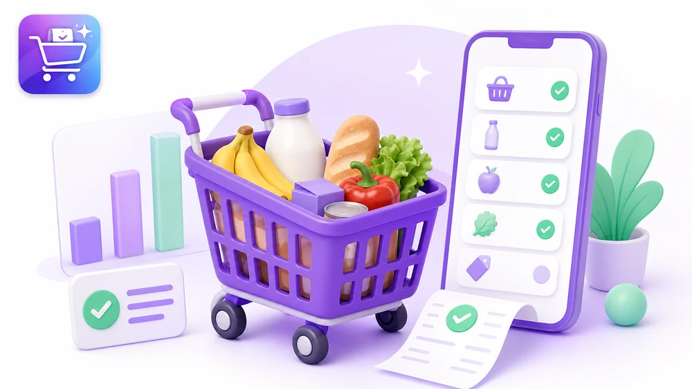 Ilustración editorial de Gastify sobre Compras no planificadas supermercado con la app organizada.