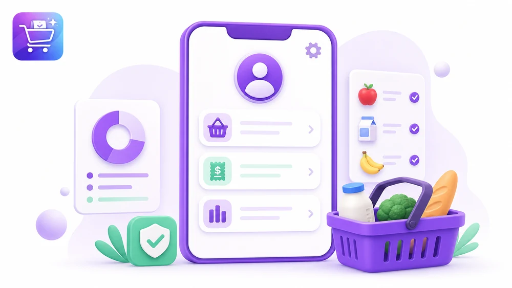 Ilustración editorial de Gastify sobre Gestionar perfil de app de compras con la app organizada.