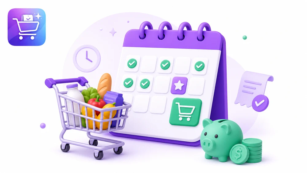 Ilustración editorial de Gastify sobre Calendario de ahorro supermercado con la app organizada.