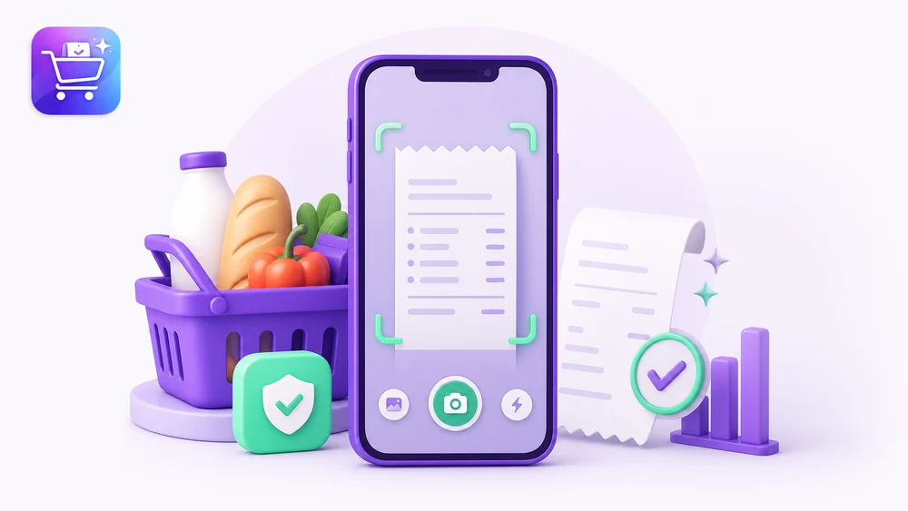 Ilustración editorial de Gastify sobre Permisos de cámara para escanear compras con la app organizada.