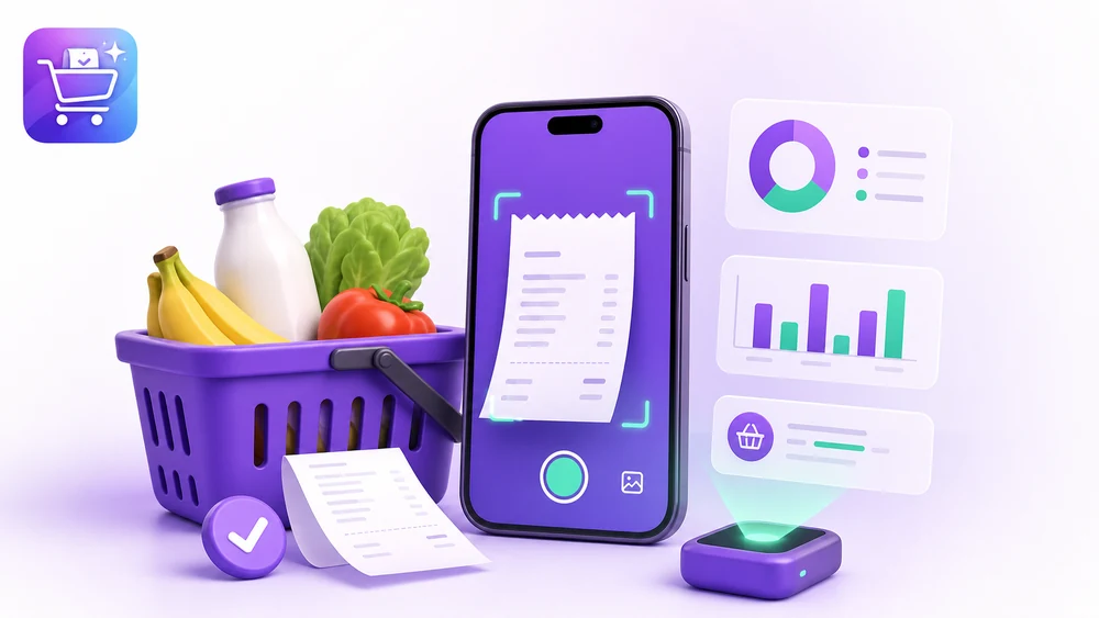 Ilustración editorial de Gastify sobre Cómo escanear facturas de compras y convertirlas en información útil con la app organizada.