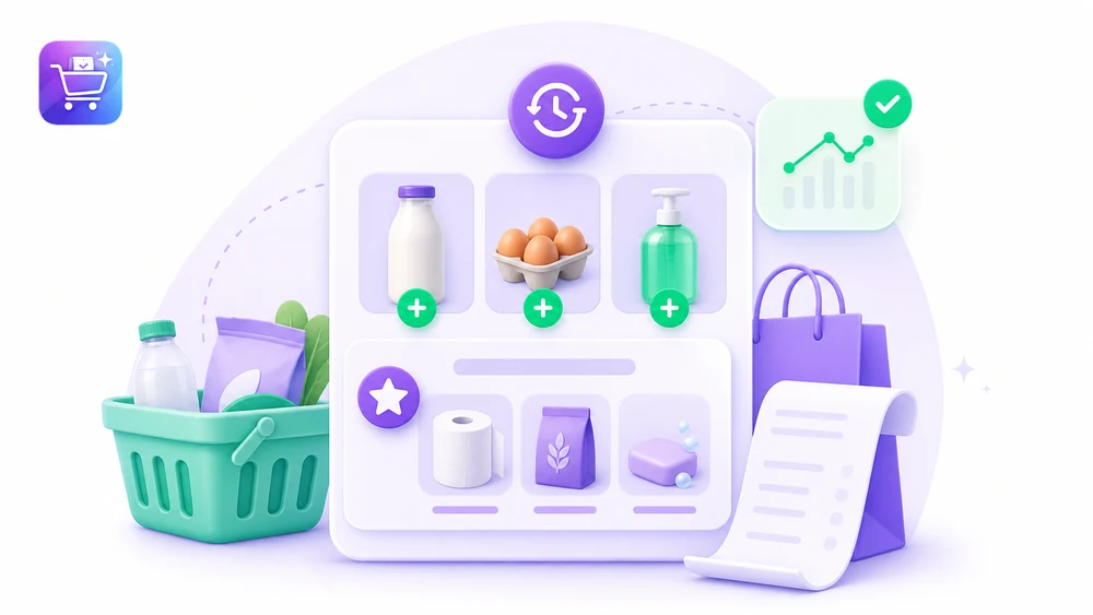 Ilustración editorial de Gastify sobre Sugerencias de productos por historial con la app organizada.