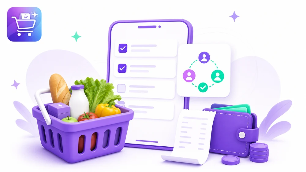 Ilustración editorial de Gastify sobre Lista de compras compartida web con la app organizada.