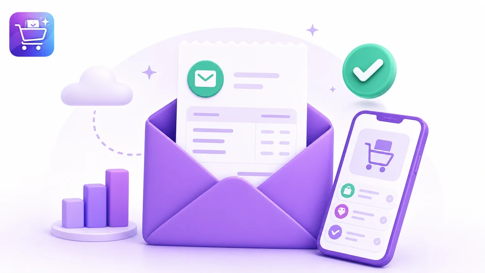 Ilustración editorial de Gastify sobre Correo para recibir facturas con la app organizada.