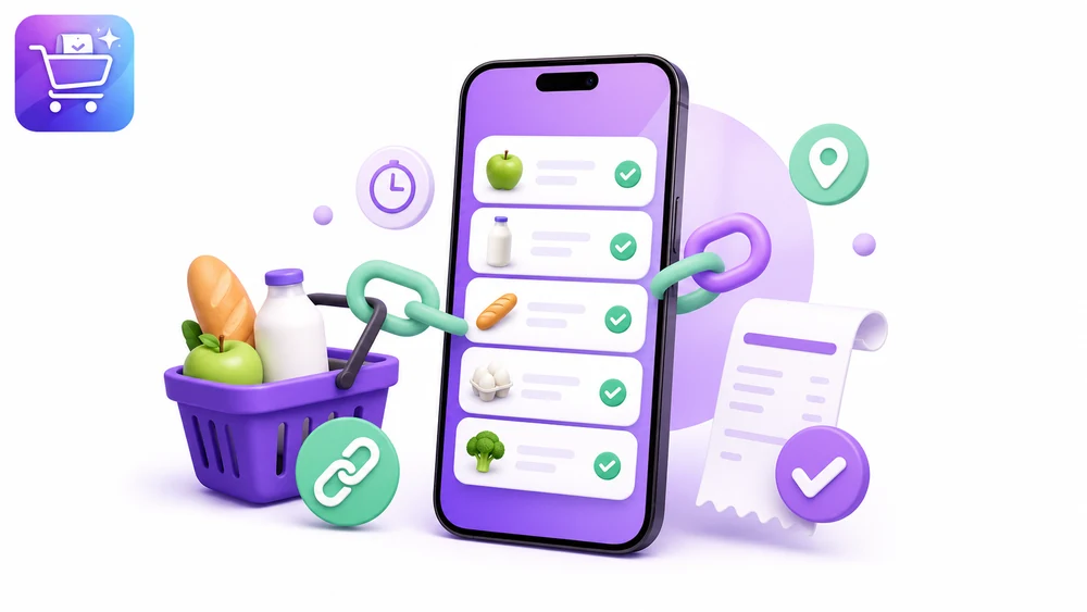 Ilustración editorial de Gastify sobre Deep links para listas de compras con la app organizada.