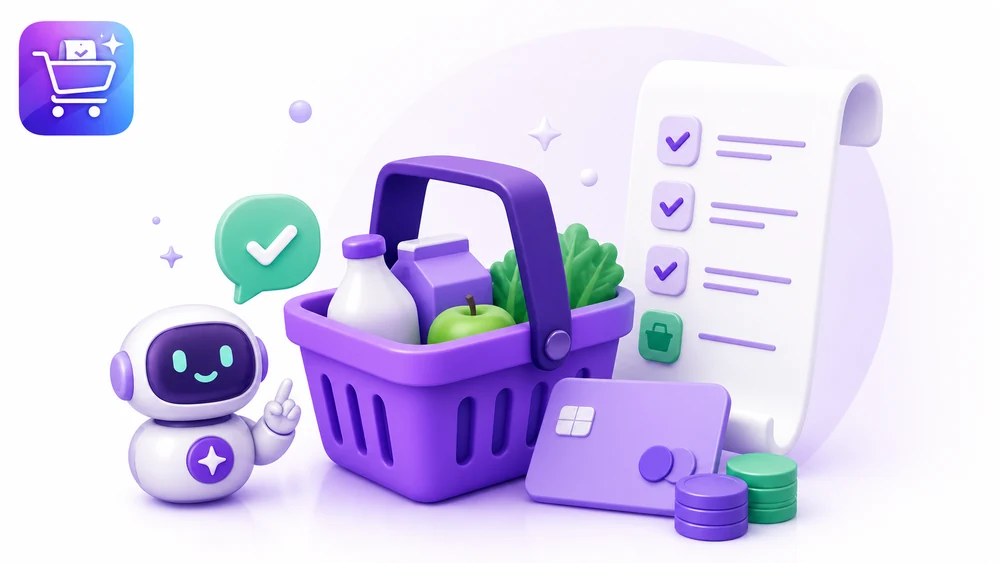 Ilustración editorial de Gastify sobre Asistente de compras con IA con la app organizada.