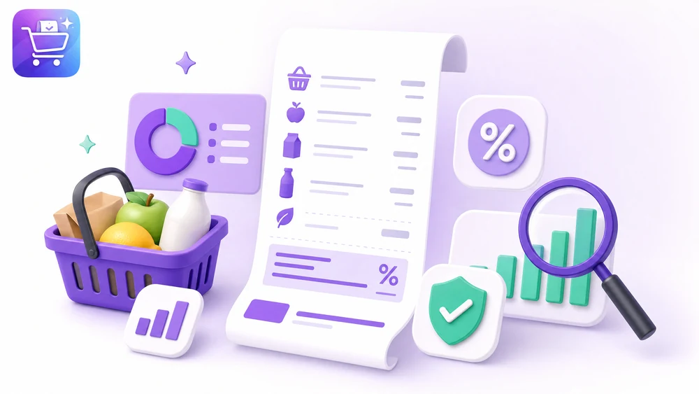 Ilustración editorial de Gastify sobre cómo leer una factura de supermercado con la app organizada.