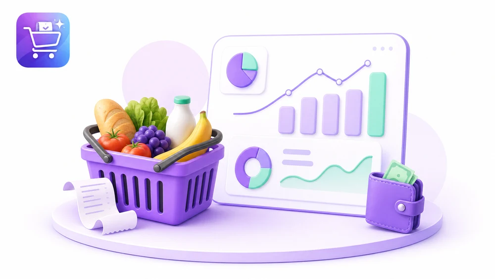 Ilustración editorial de Gastify sobre cuánto gasto en el mercado al mes con la app organizada.