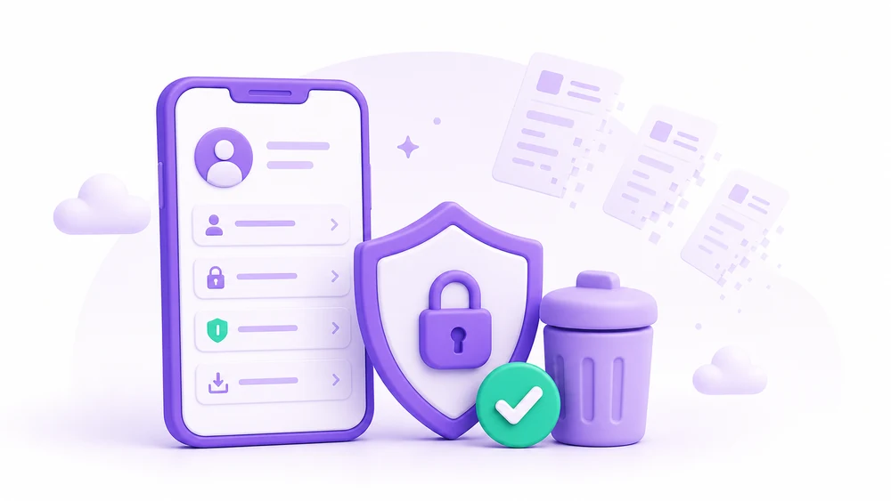 Gastify editorial illustration about account control, privacy, and data deletion.