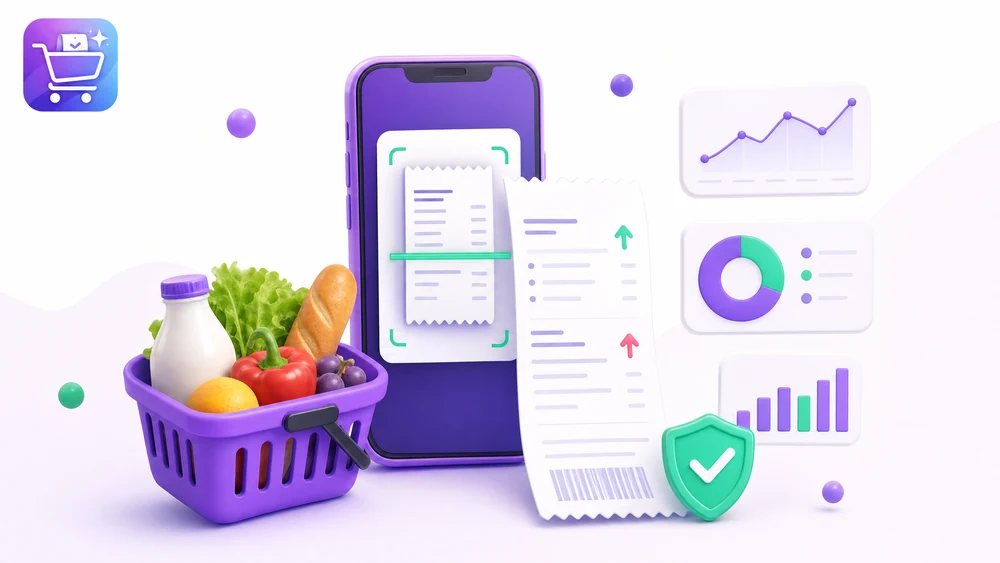 Ilustración editorial de Gastify sobre escanear facturas de supermercado con la app organizada.