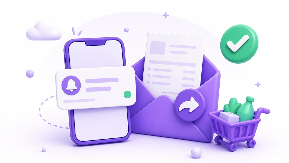 Gastify editorial illustration about forwarded invoice notifications and an organized mobile inbox.