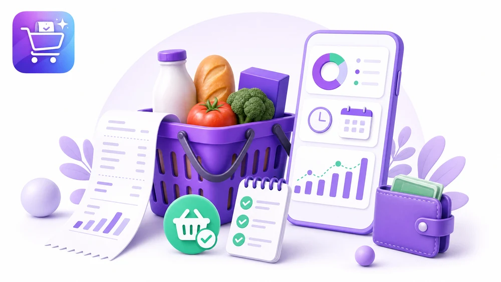 Ilustración editorial de Gastify sobre planear la compra del supermercado con la app organizada.