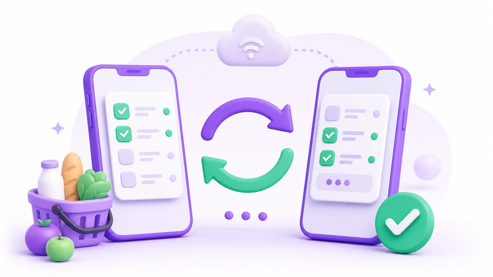 Gastify editorial illustration about real-time shared grocery list synchronization.