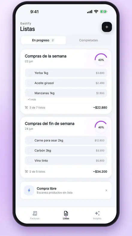 Pantalla de listas de Gastify con dos listas de mercado en progreso
