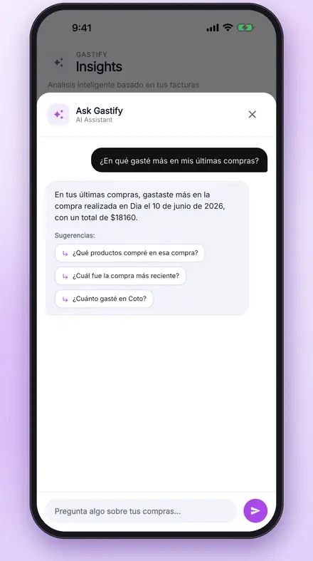 Ask Gastify chat answering which purchase cost the most, with suggested questions