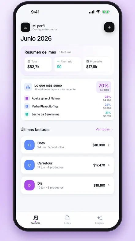Gastify screen with the monthly summary and the latest receipts scanned by store